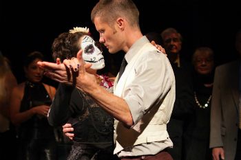A close-up of The Man tangoing with The Lady of Death (in full Day of the Dead make-up)